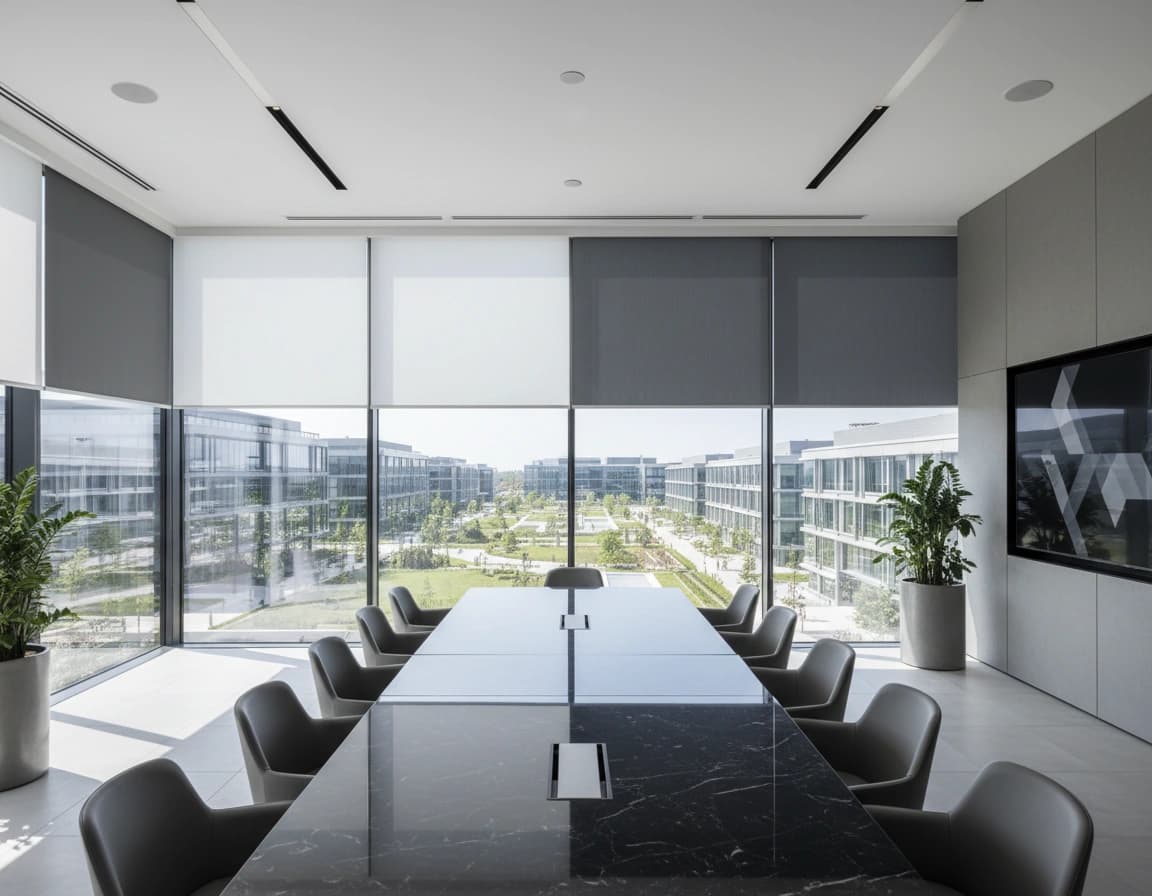 Modern corporate boardroom with a long black marble table and floor-to-ceiling glass walls equipped with black and white solar roller shades.