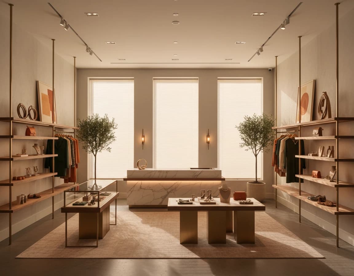 High-end clothing boutique interior with custom neutral window blinds filtering soft natural light, floating wooden shelves, and a marble service counter.