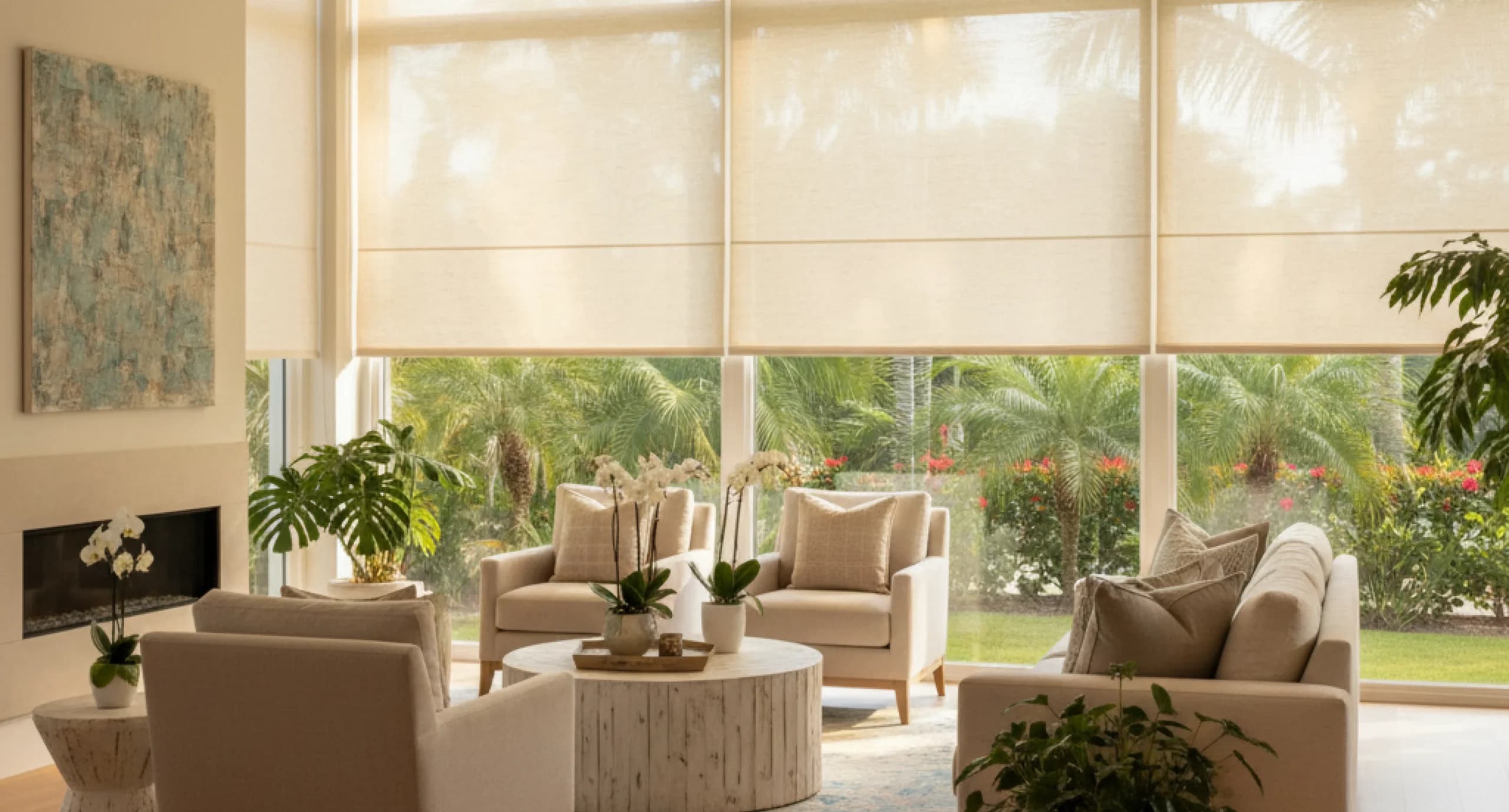 coastal-living-room-white-shutters-sheer-curtains-chandelier