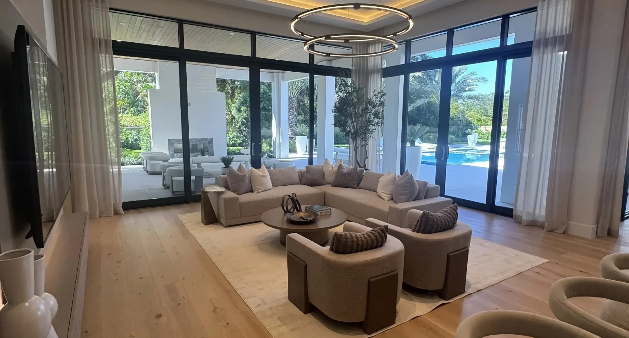 Oceanfront living room with custom sheer drapery
