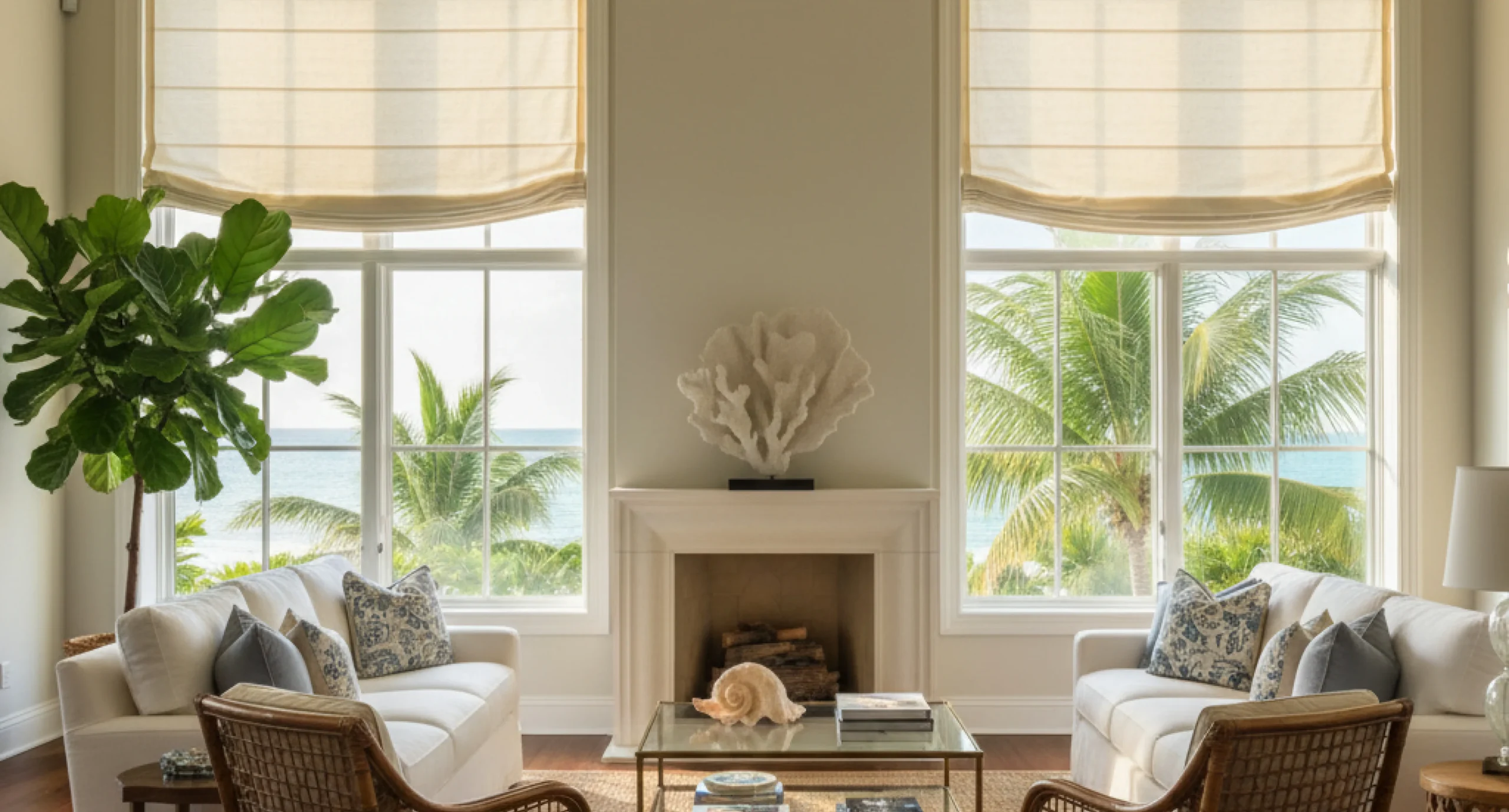 roman-shades-coastal-living-white-coral-fireplace-palm-view@4x